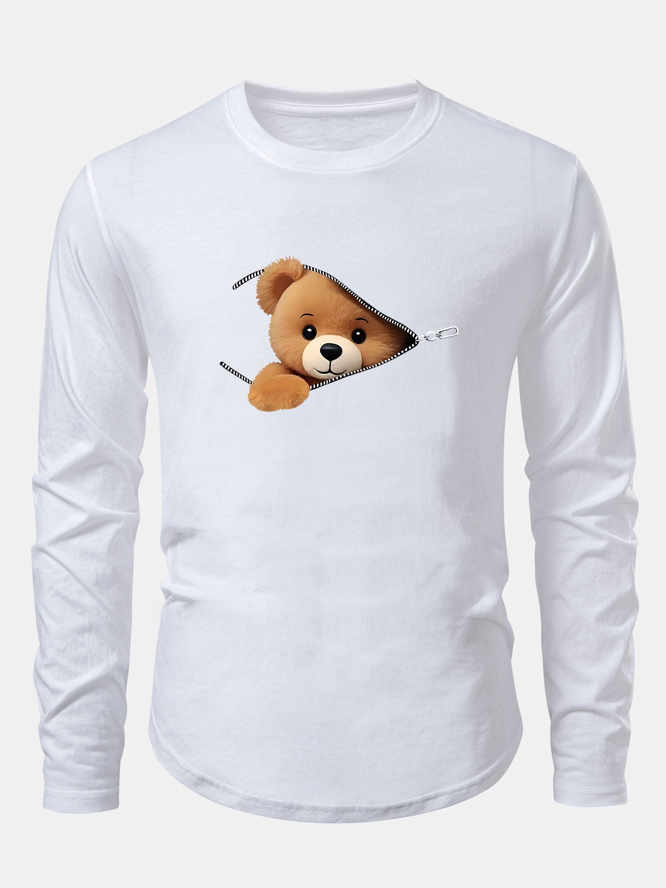 Reißverschluss Bär-Motiv Baumwoll-T-Shirt mit Bogen-Saum