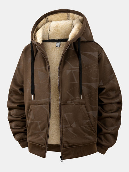 Teddy gefütterter Kapuzenpullover mit geometrischem Muster und Reißverschluss