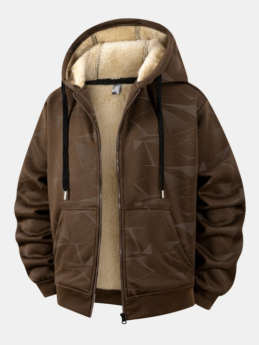 Teddy gefütterter Kapuzenpullover mit geometrischem Muster und Reißverschluss