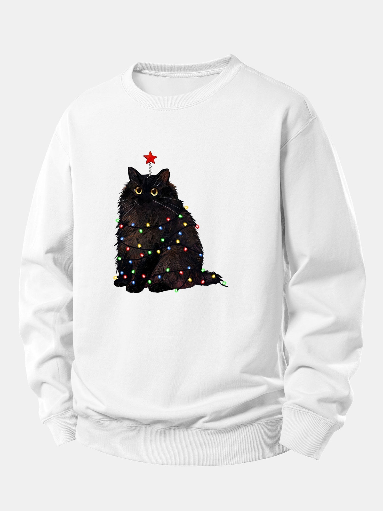 Schwarze Katze Druck Sweatshirt mit Weihnachtslichtern - Lockerer Sitz