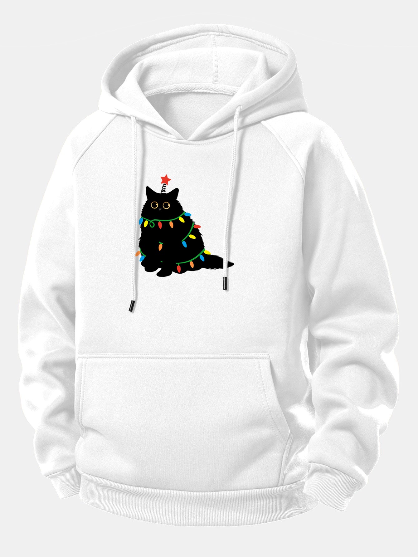 Schwarze Katze Weihnachtslichter Kordelzug Kapuzenpullover