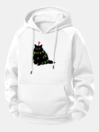 Schwarze Katze Weihnachtslichter Kordelzug Kapuzenpullover