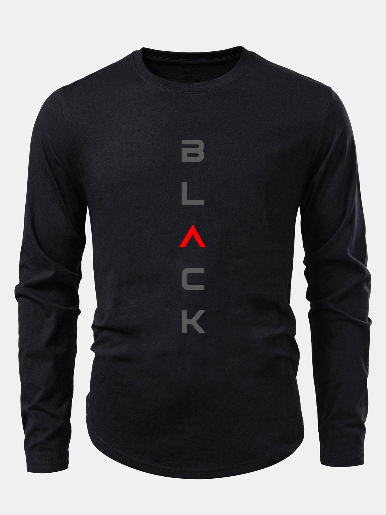 Schwarzes bedrucktes Baumwoll-T-Shirt mit abgerundetem Saum