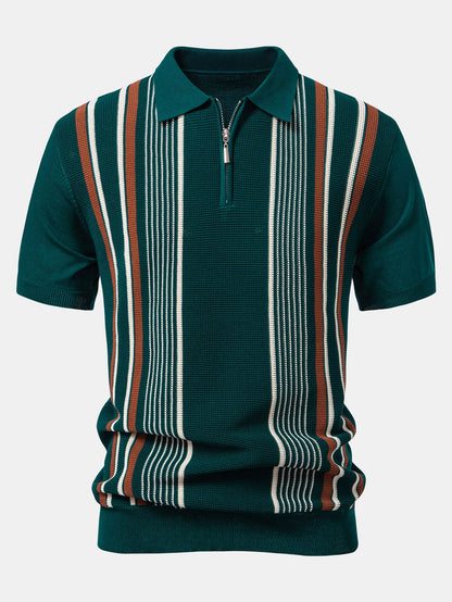 Gestreiftes Strick-Poloshirt mit Reißverschluss und gerade geschnittene Ripp-Hose