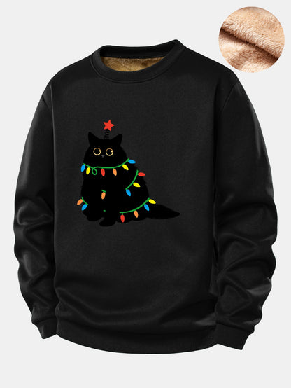 Weihnachtslichter Schwarze Katze Druck Teddy Fleece Gefüttertes Sweatshirt