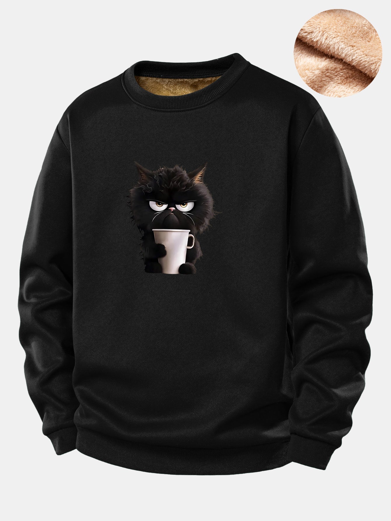 Schwarzes Katzen-Trink-Kaffee-Motiv Teddy-Fleece-gefüttertes Sweatshirt