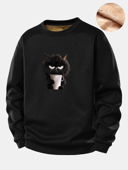 Schwarzes Katzen-Trink-Kaffee-Motiv Teddy-Fleece-gefüttertes Sweatshirt