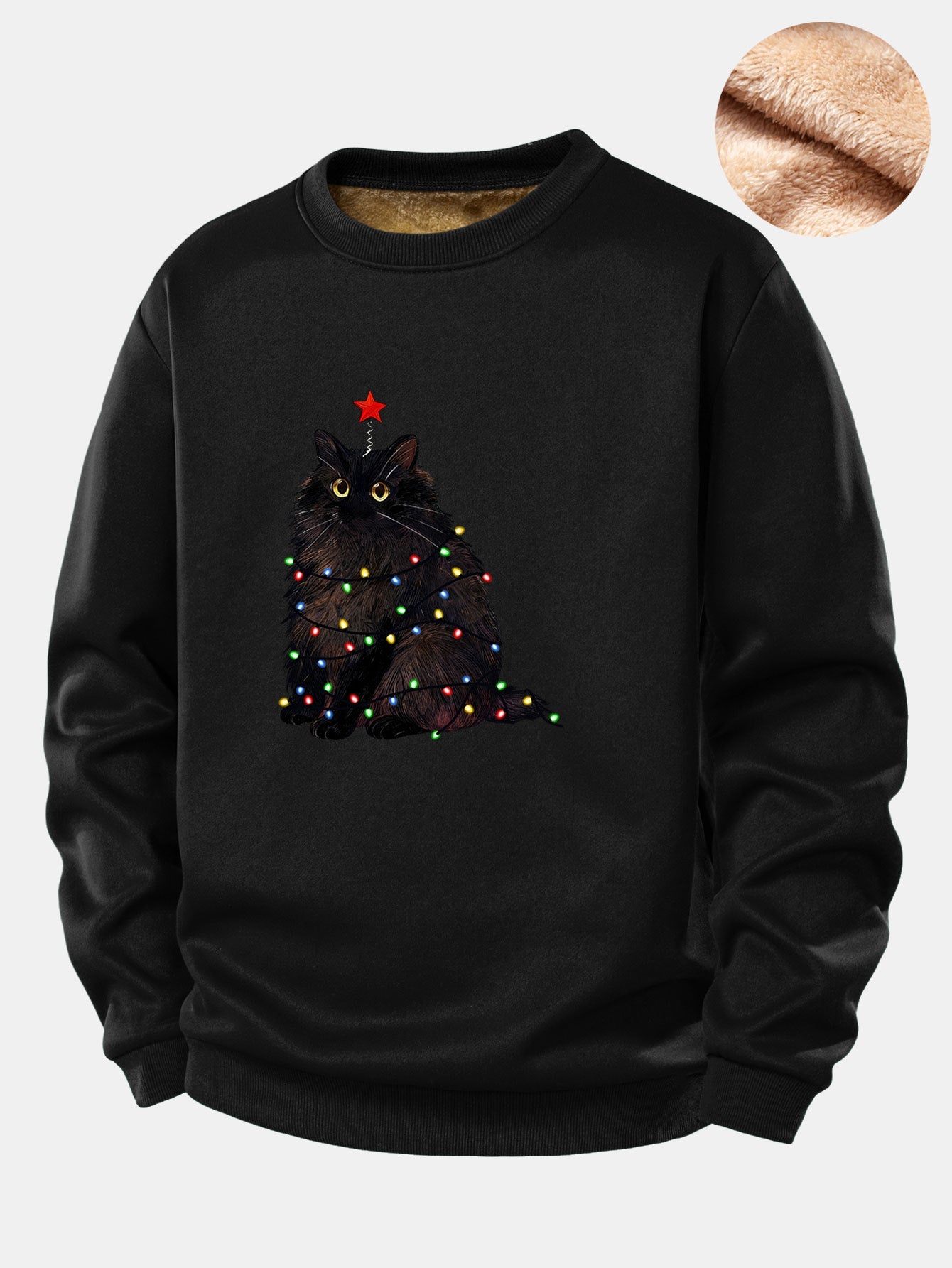 Weihnachtslichter Schwarze Katze Druck Teddy Fleece Gefüttertes Sweatshirt