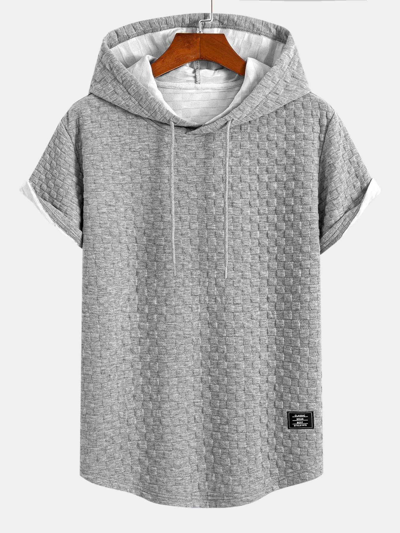 Schachbrett-Jacquard Hoodie-T-Shirt mit Bogen-Saum und passenden Shorts