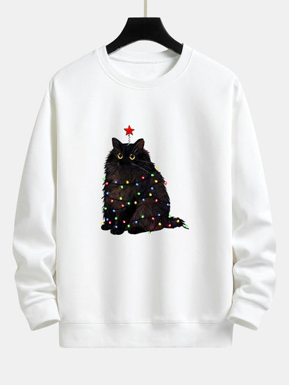 Weihnachtslichter Schwarze Katze Druck Locker sitzendes Sweatshirt