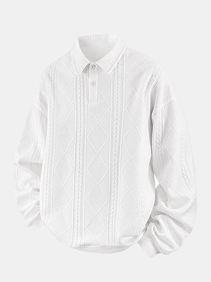 Geometric Jacquard Polo Collar Sweatshirt