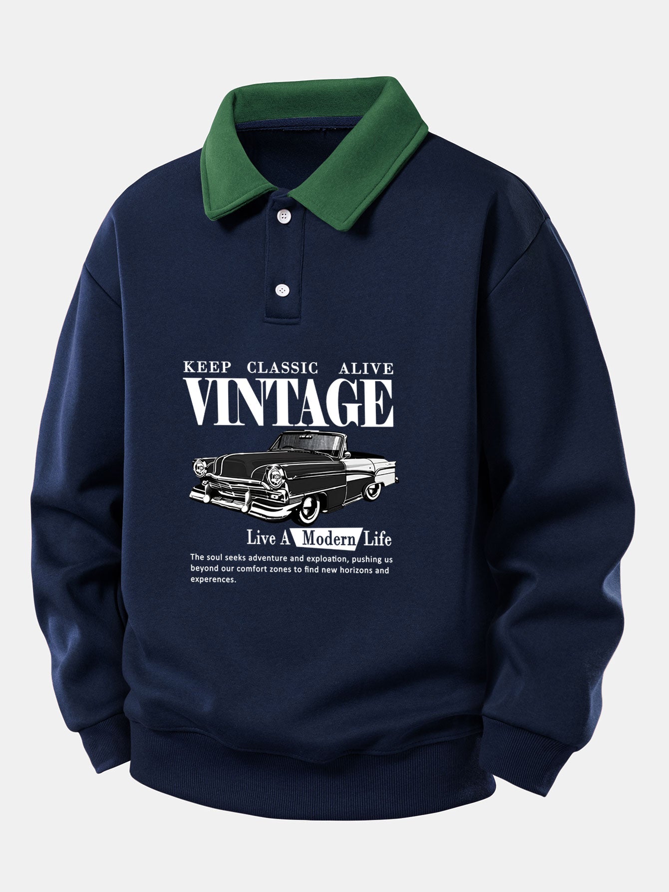 Vintage Auto Print Contrast Polo Sweatshirt - Relaxed Fit