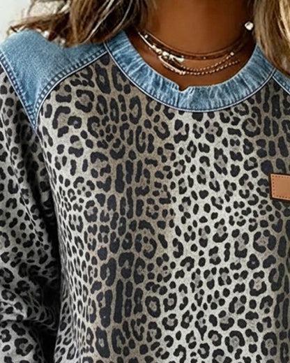 Stutz | Sweatshirt mit Leopardenmuster und Denim-Patchwork