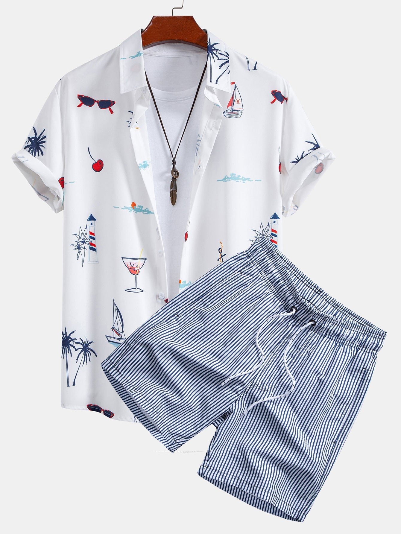 Palmbaum Nautical Print Button-Up Shirt with Striped Swim Shorts