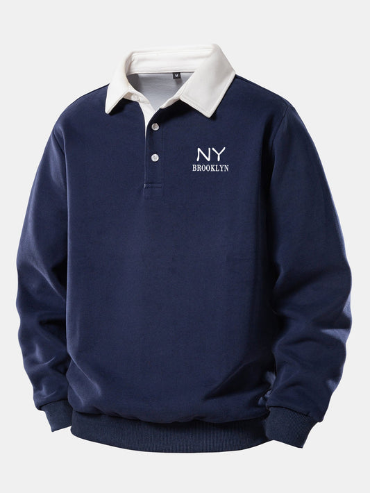 NY Brooklyn Contrast Print Polo Shirt with Collar Sweatshirt
