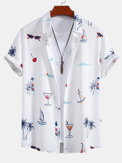 Palmbaum Nautical Print Button-Up Shirt with Striped Swim Shorts