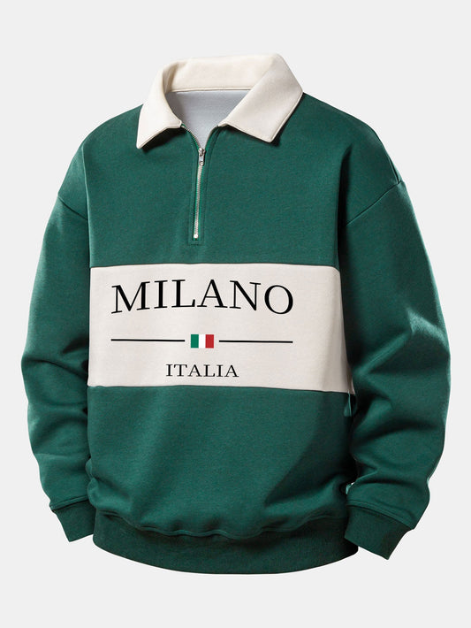 Relaxed Fit Milano Print Contrast Zip Polo Sweatshirt