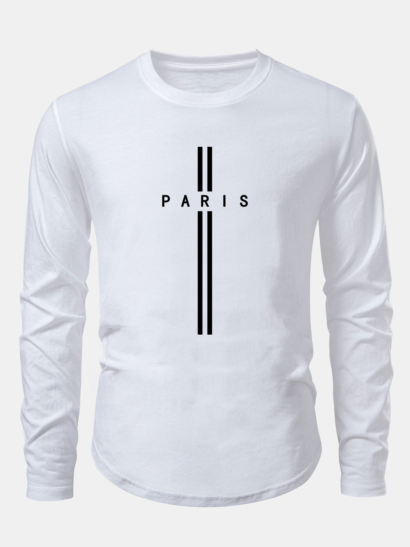 Langarm T-Shirt mit Paris Streifen Druck und Bogen Saum aus Baumwolle
