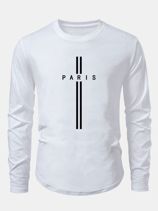 Langarm T-Shirt mit Paris Streifen Druck und Bogen Saum aus Baumwolle