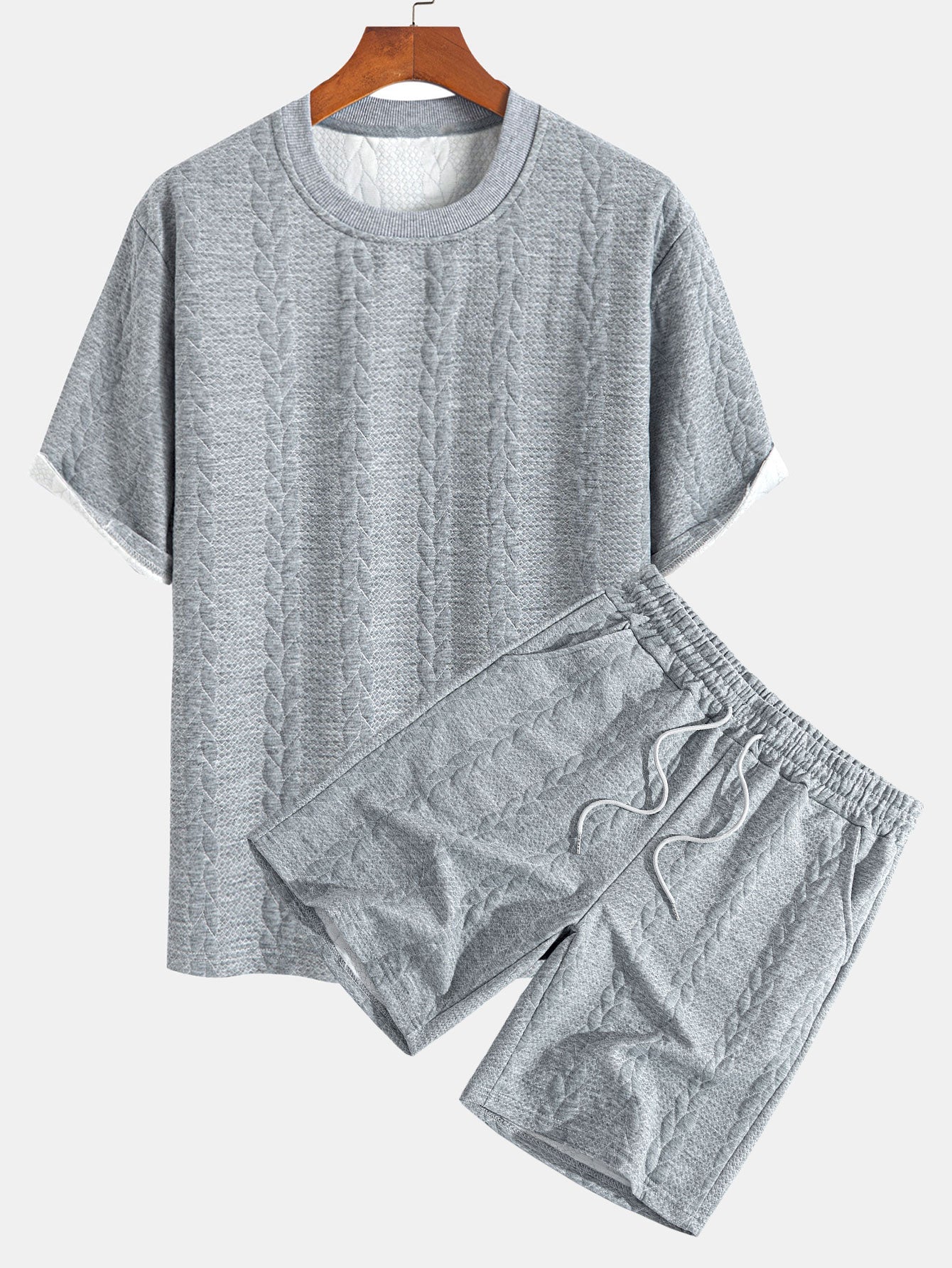 Casual Mid-Length Sleeve Twist Jacquard Tee and Shorts Set