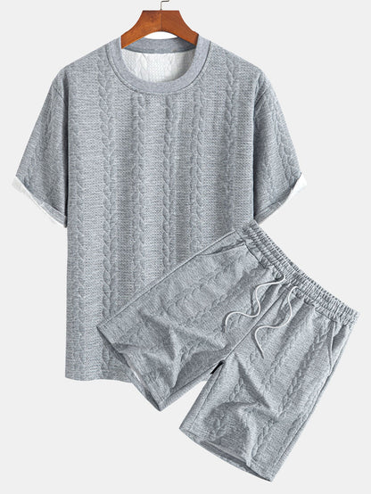 Casual Mid-Length Sleeve Twist Jacquard Tee and Shorts Set