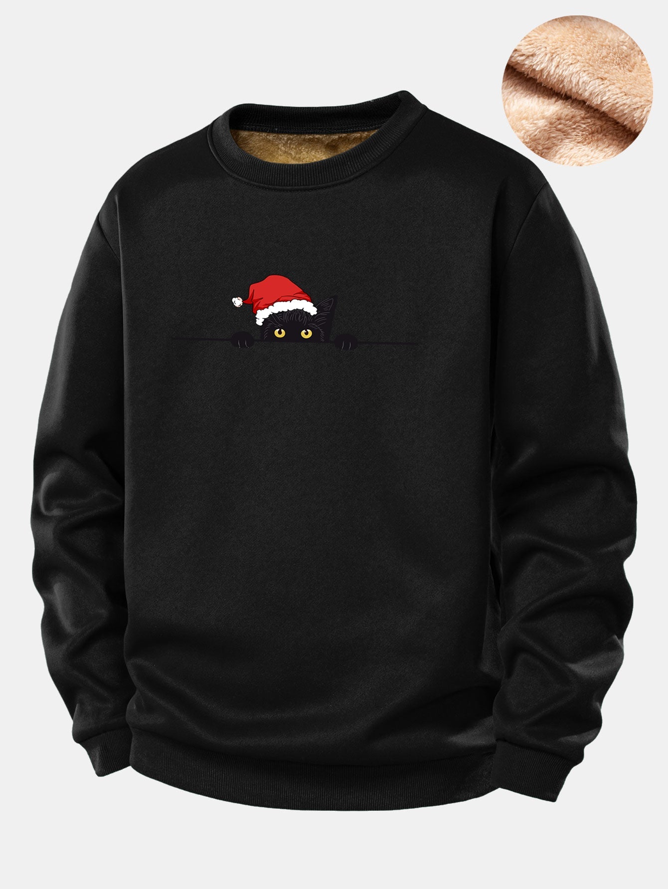 Weihnachts-Sweatshirt mit schwarzem Katzenmotiv und Teddy-Fleece-Futter