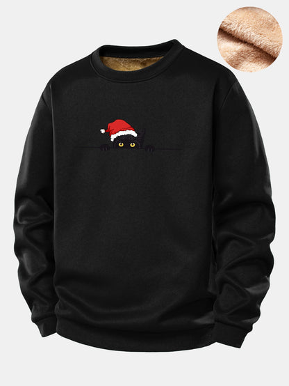 Weihnachts-Sweatshirt mit schwarzem Katzenmotiv und Teddy-Fleece-Futter