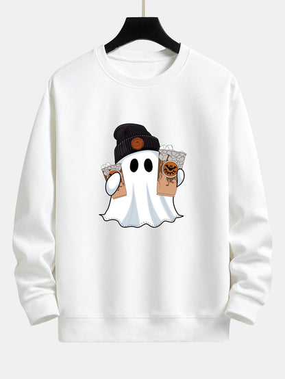 Halloween Ghost Coffee Print Relaxed Fit Sweatshirt