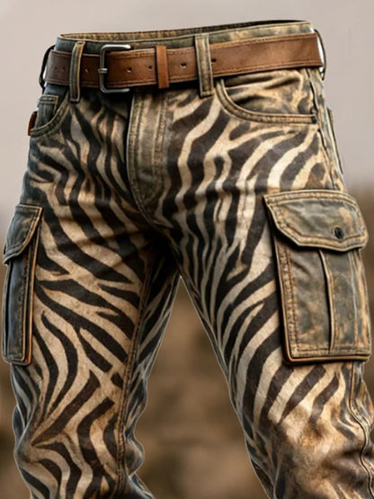 Vintage-Arbeitshose für Herren im Zebra-Print mit mehreren Taschen