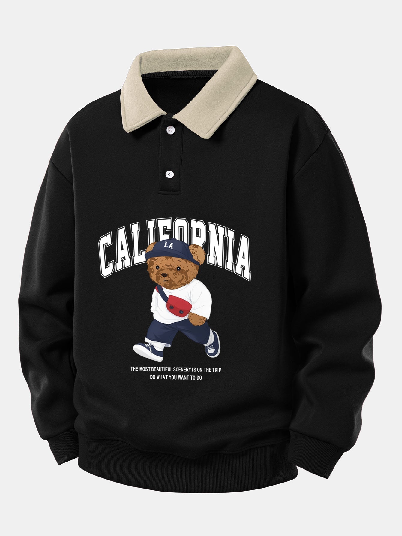 California Style Relaxed Fit Bear Print Contrast Polo Sweatshirt
