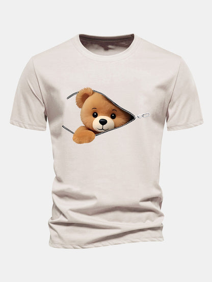 Regular Fit Baumwoll-T-Shirt mit Bärenmotiv und Reißverschluss