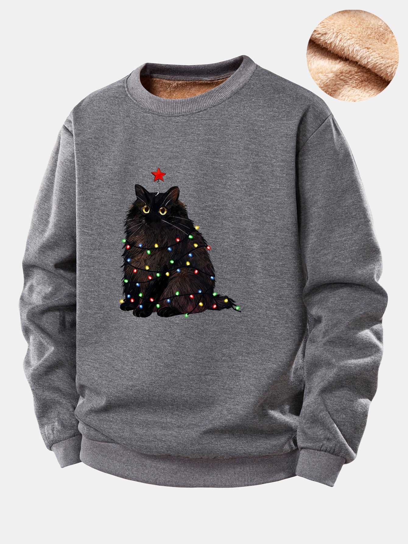 Weihnachtslichter Schwarze Katze Druck Teddy Fleece Gefüttertes Sweatshirt
