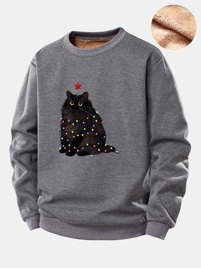 Weihnachtslichter Schwarze Katze Druck Teddy Fleece Gefüttertes Sweatshirt
