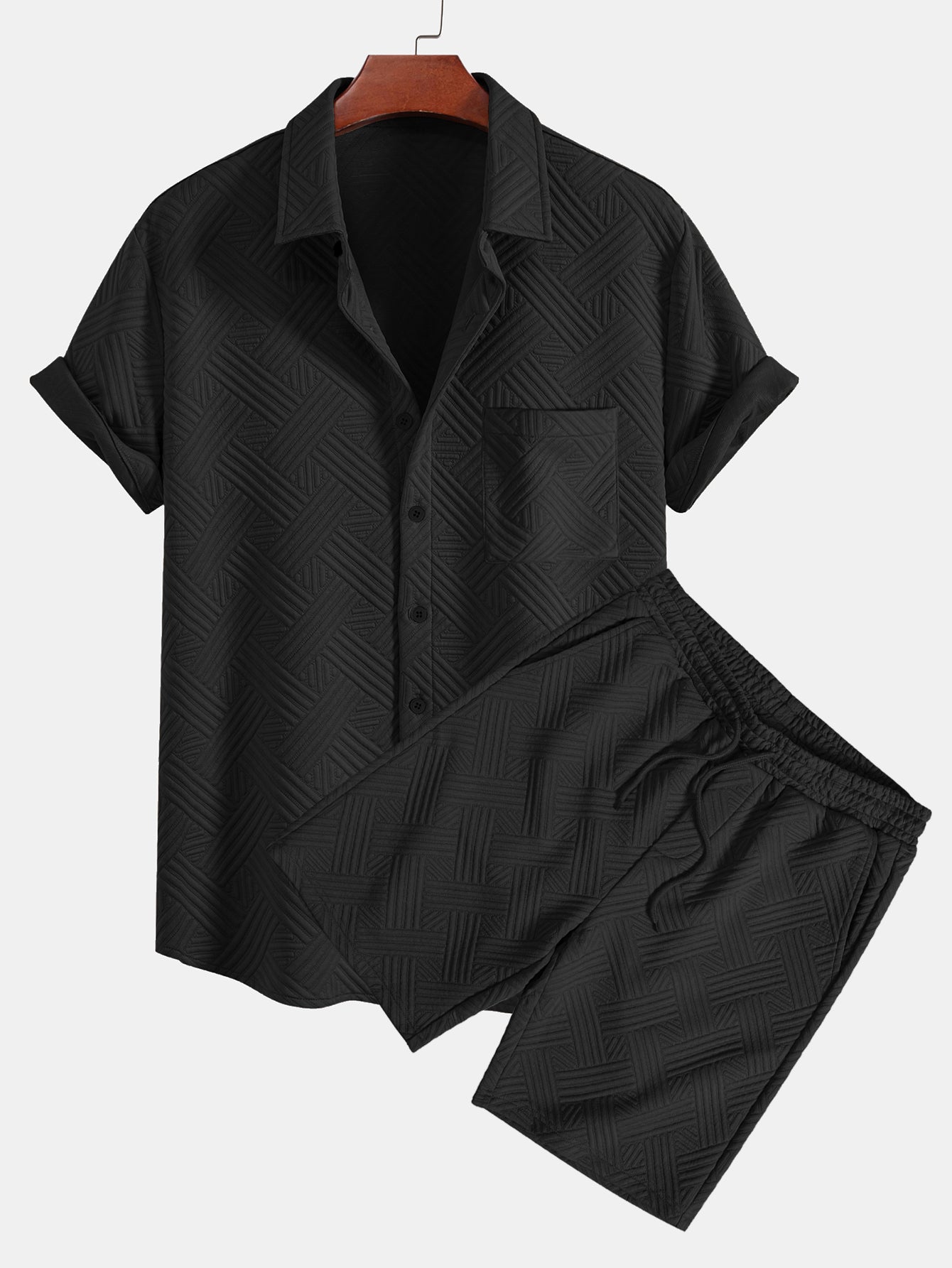 Gestreiftes Jacquard-Hemd mit Knopfleiste und Shorts mit Kordelzug