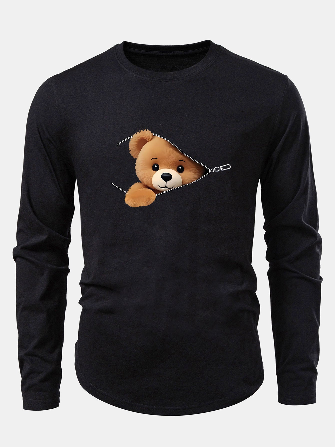Reißverschluss Bär-Motiv Baumwoll-T-Shirt mit Bogen-Saum