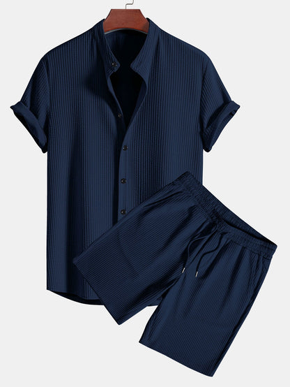 Muscle Fit Ribbed Collar Shirt & Shorts Set
