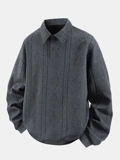 Geometric Jacquard Polo Collar Sweatshirt