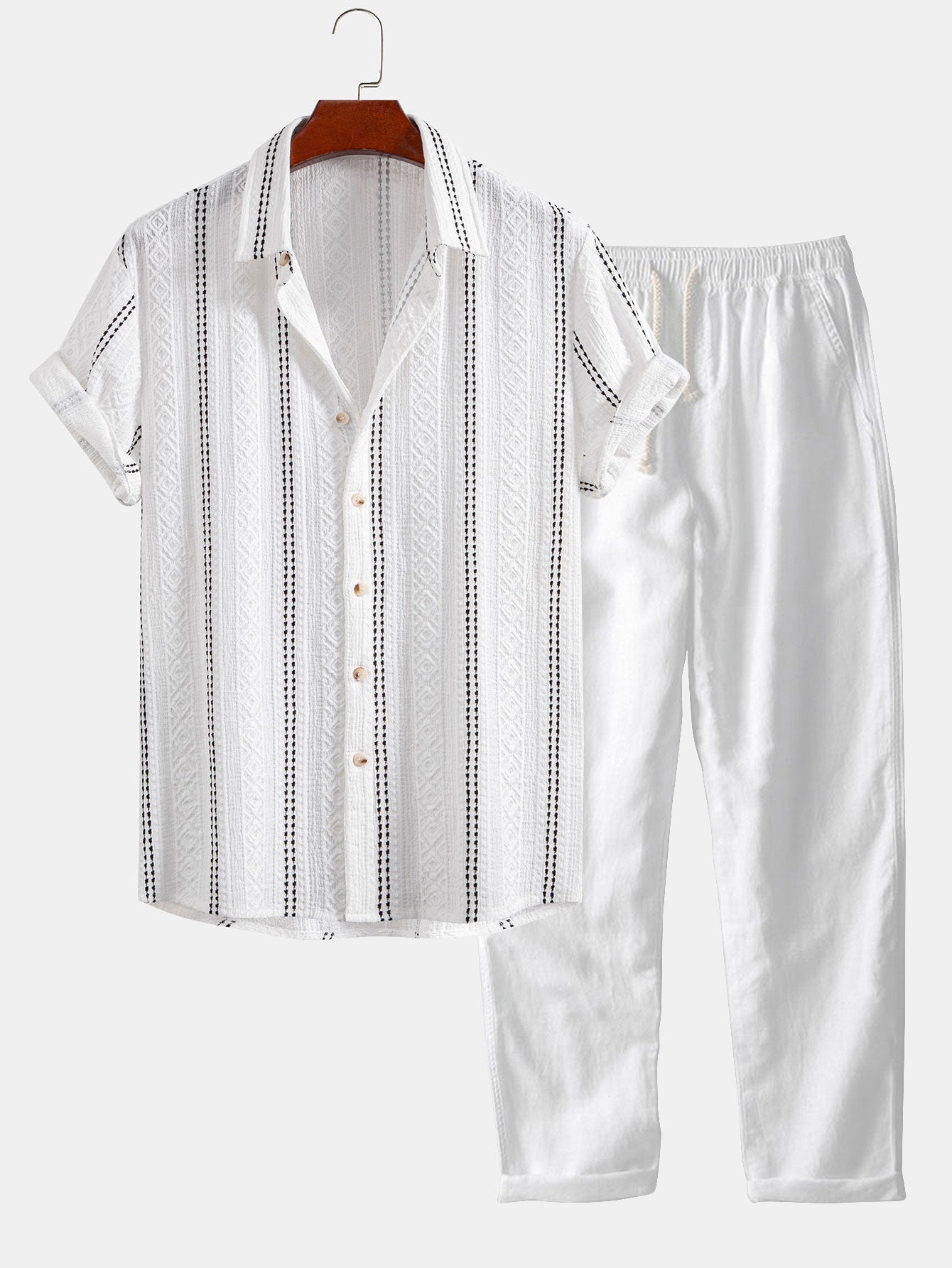 Gestreiftes Jacquard-Hemd mit Knöpfen und gerade geschnittene Leinenhose