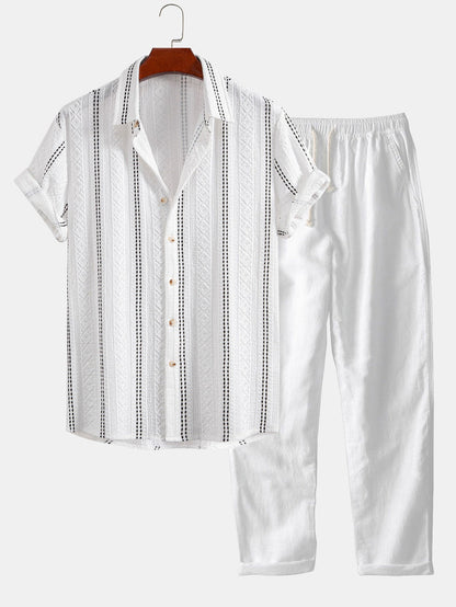 Gestreiftes Jacquard-Hemd mit Knöpfen und gerade geschnittene Leinenhose