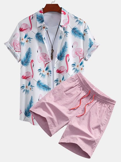 Flamingo-Muster Hemd mit Knöpfen und Badehose