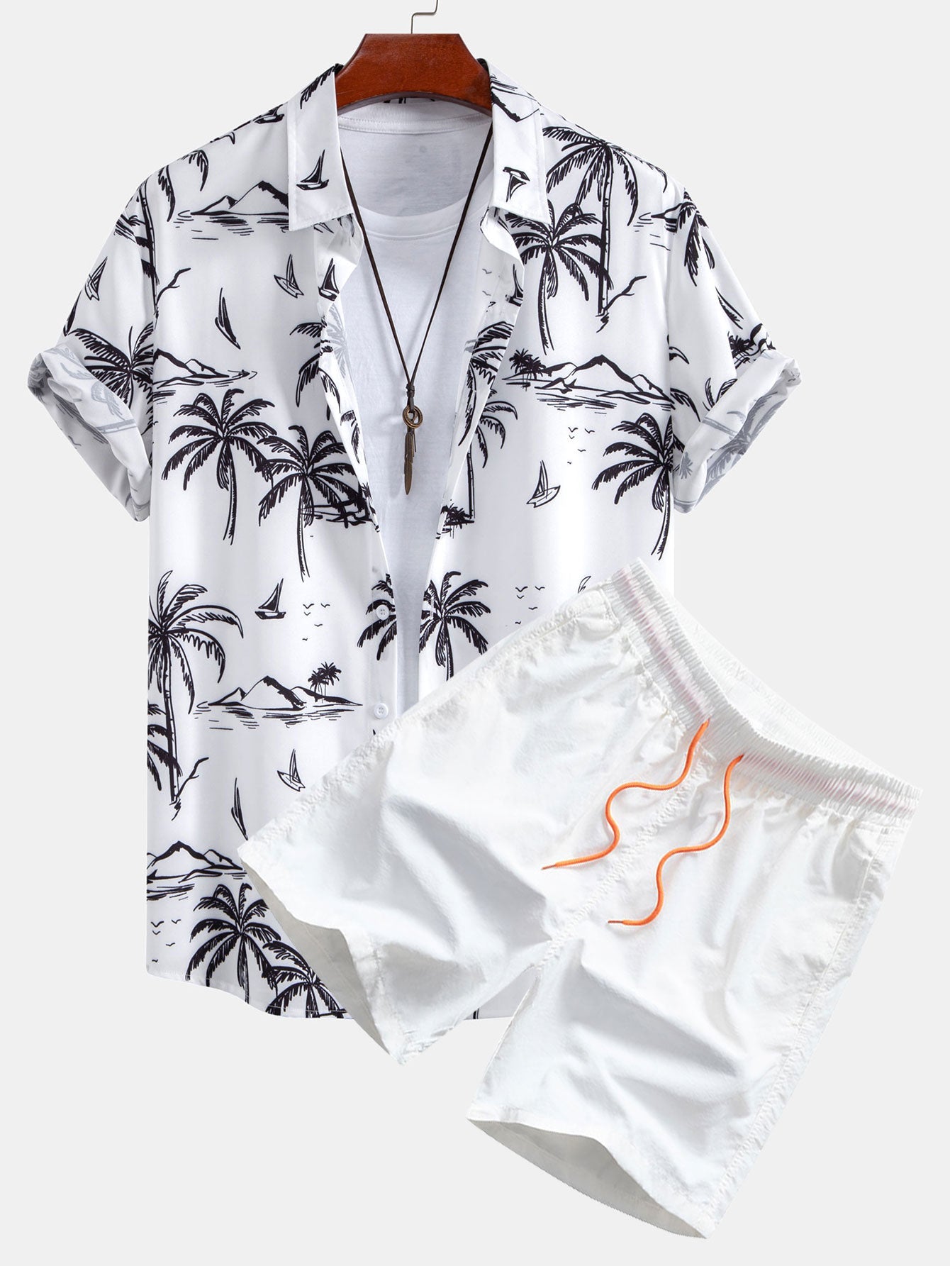Palm Tree Island Hemd mit Knopfleiste und Kordelzug-Badeshorts