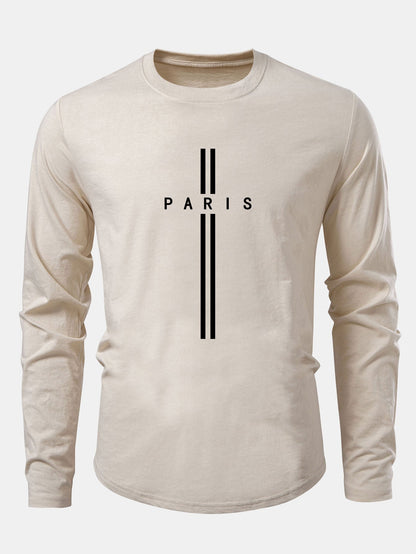 Langarm T-Shirt mit Paris Streifen Druck und Bogen Saum aus Baumwolle