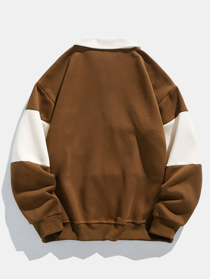 Casual Colorblock Patchwork Polo Sweatshirt