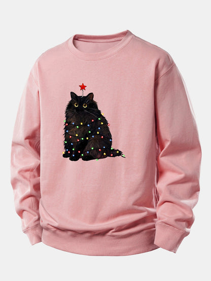 Schwarze Katze Druck Sweatshirt mit Weihnachtslichtern - Lockerer Sitz