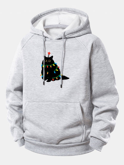 Schwarze Katze Weihnachtslichter Kordelzug Kapuzenpullover
