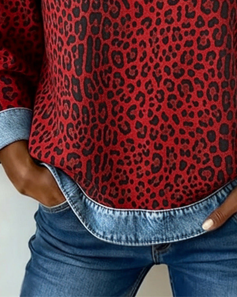 Stutz | Sweatshirt mit Leopardenmuster und Denim-Patchwork