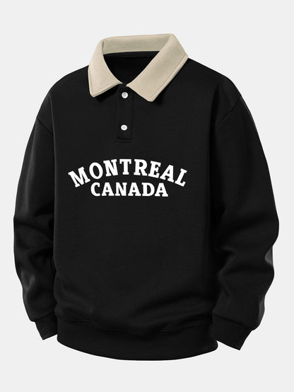 Relaxed Fit Montreal Canada Graphic Contrast Polo Sweatshirt