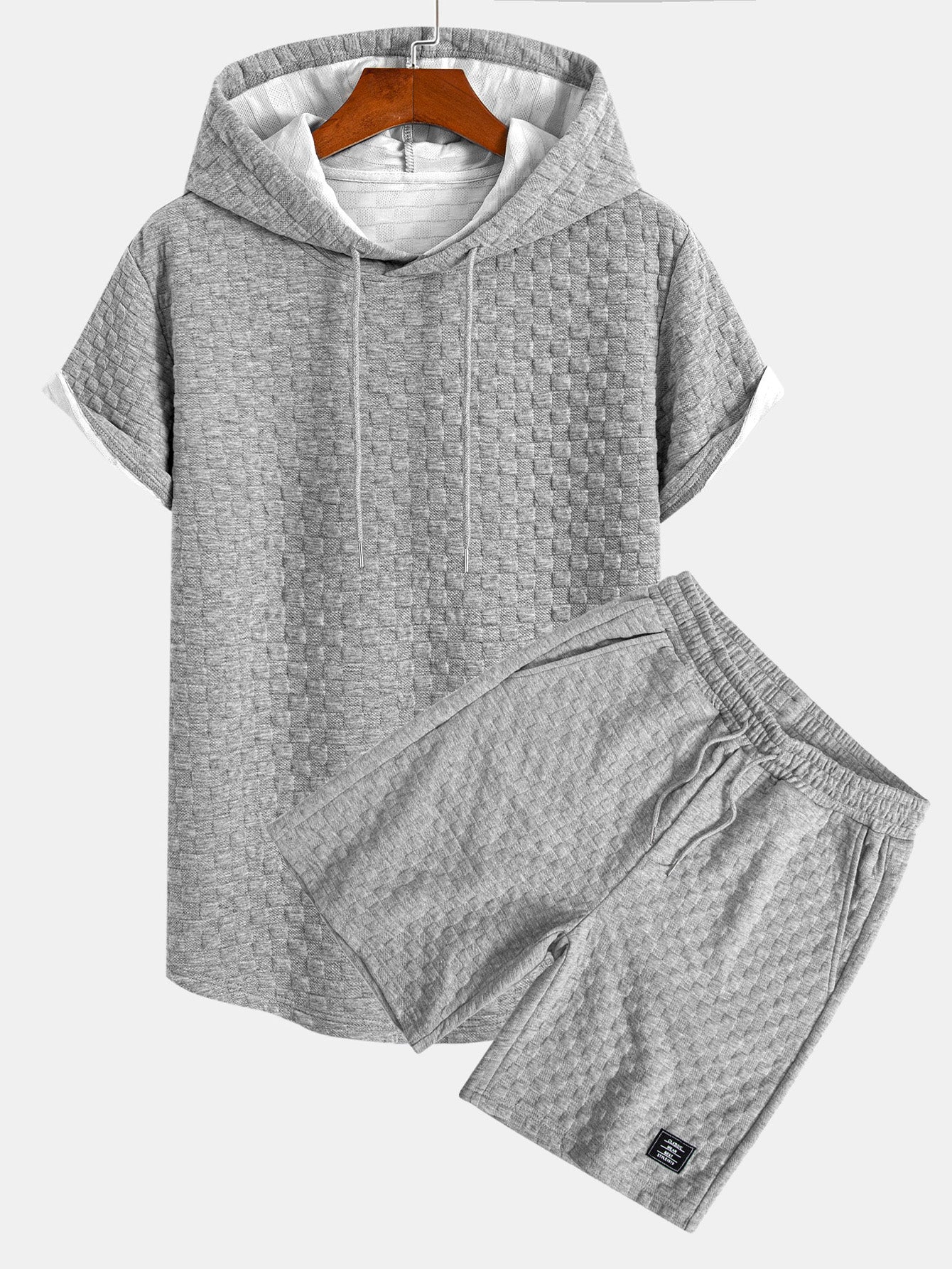 Schachbrett-Jacquard Hoodie-T-Shirt mit Bogen-Saum und passenden Shorts
