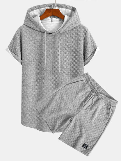 Schachbrett-Jacquard Hoodie-T-Shirt mit Bogen-Saum und passenden Shorts