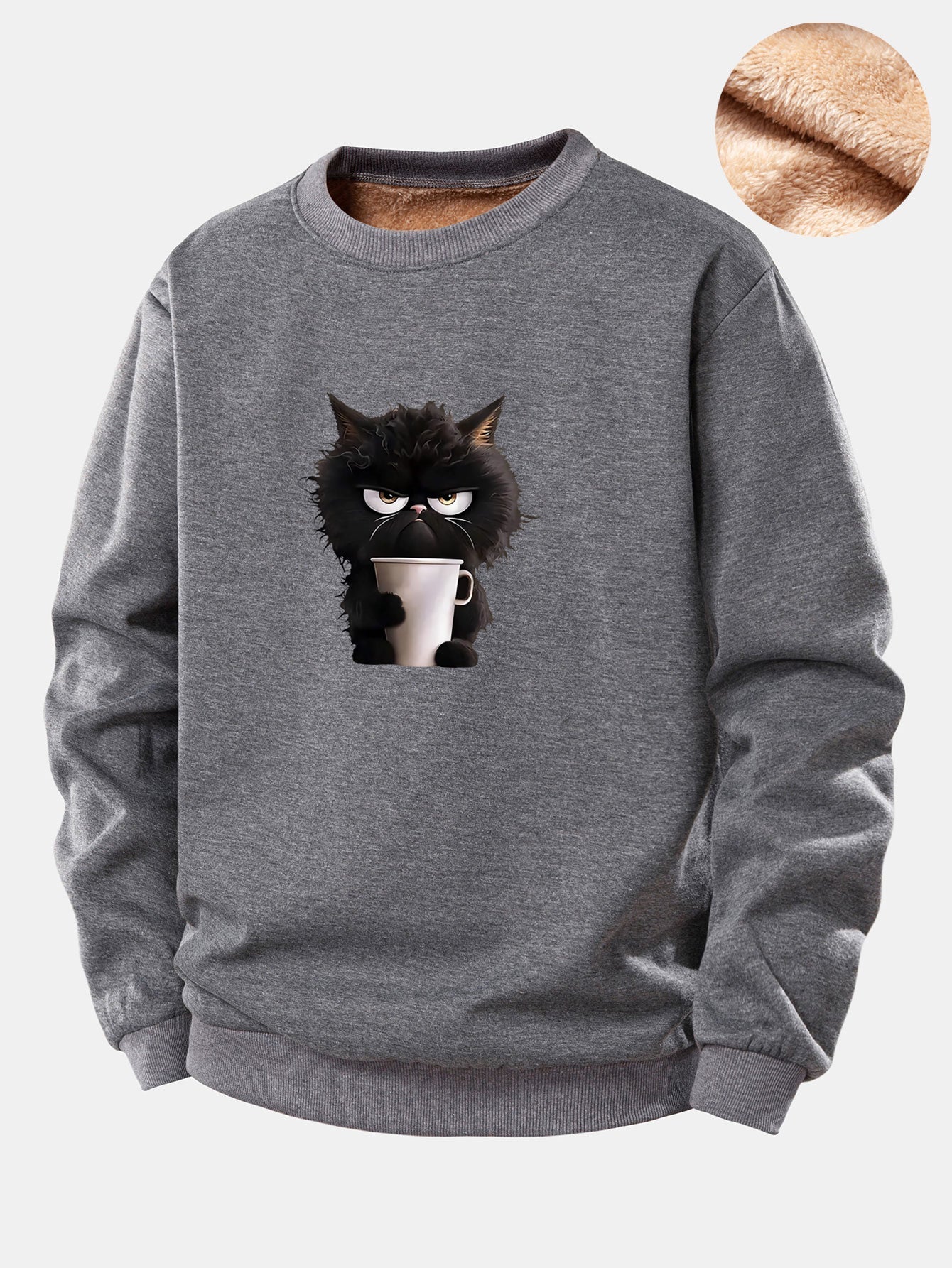 Schwarzes Katzen-Trink-Kaffee-Motiv Teddy-Fleece-gefüttertes Sweatshirt
